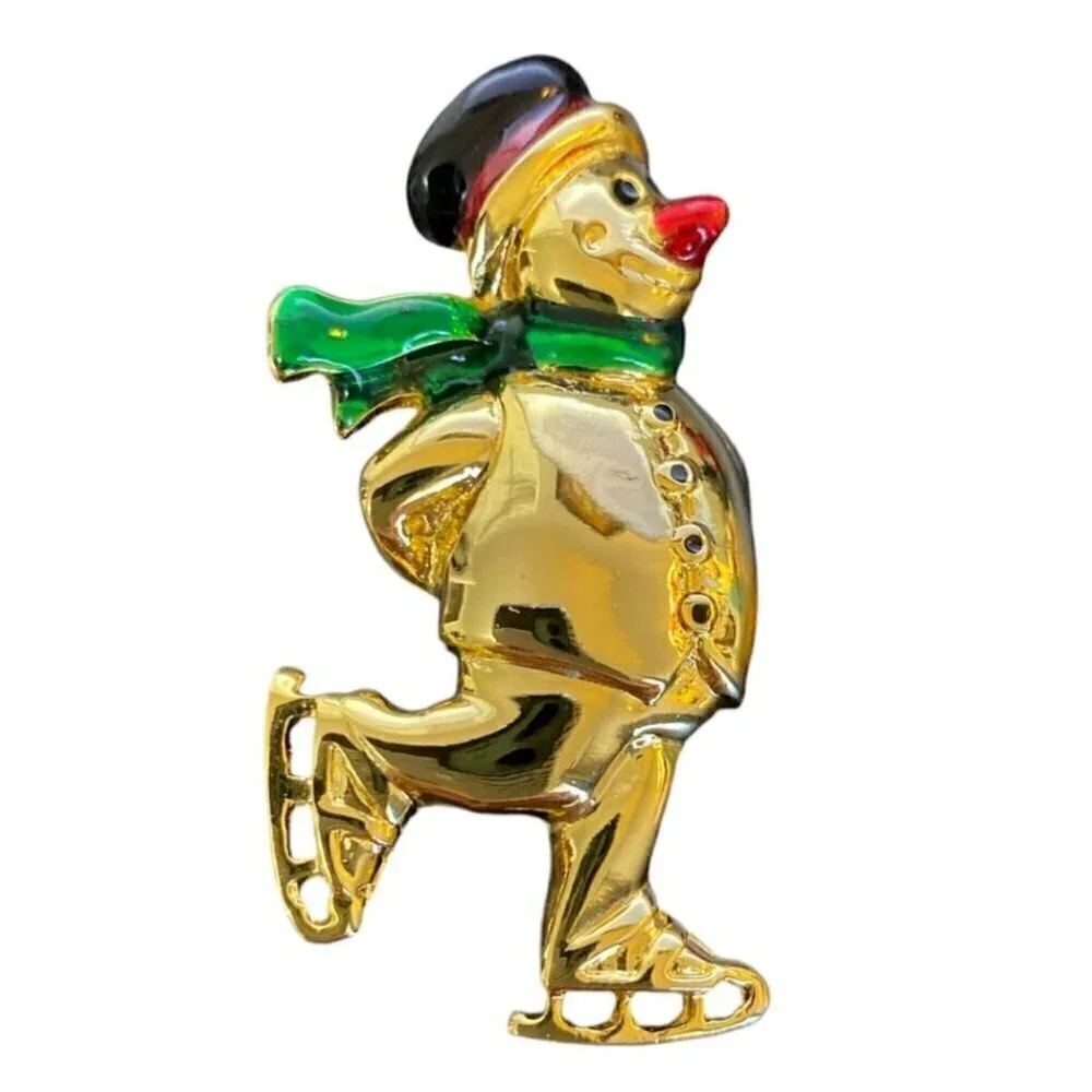 Skating Snowman Brooch Unsigned